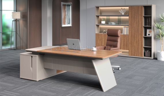 Swan 7 Feet Office Desk In Golden Sandal Wood: Boss's Cabin